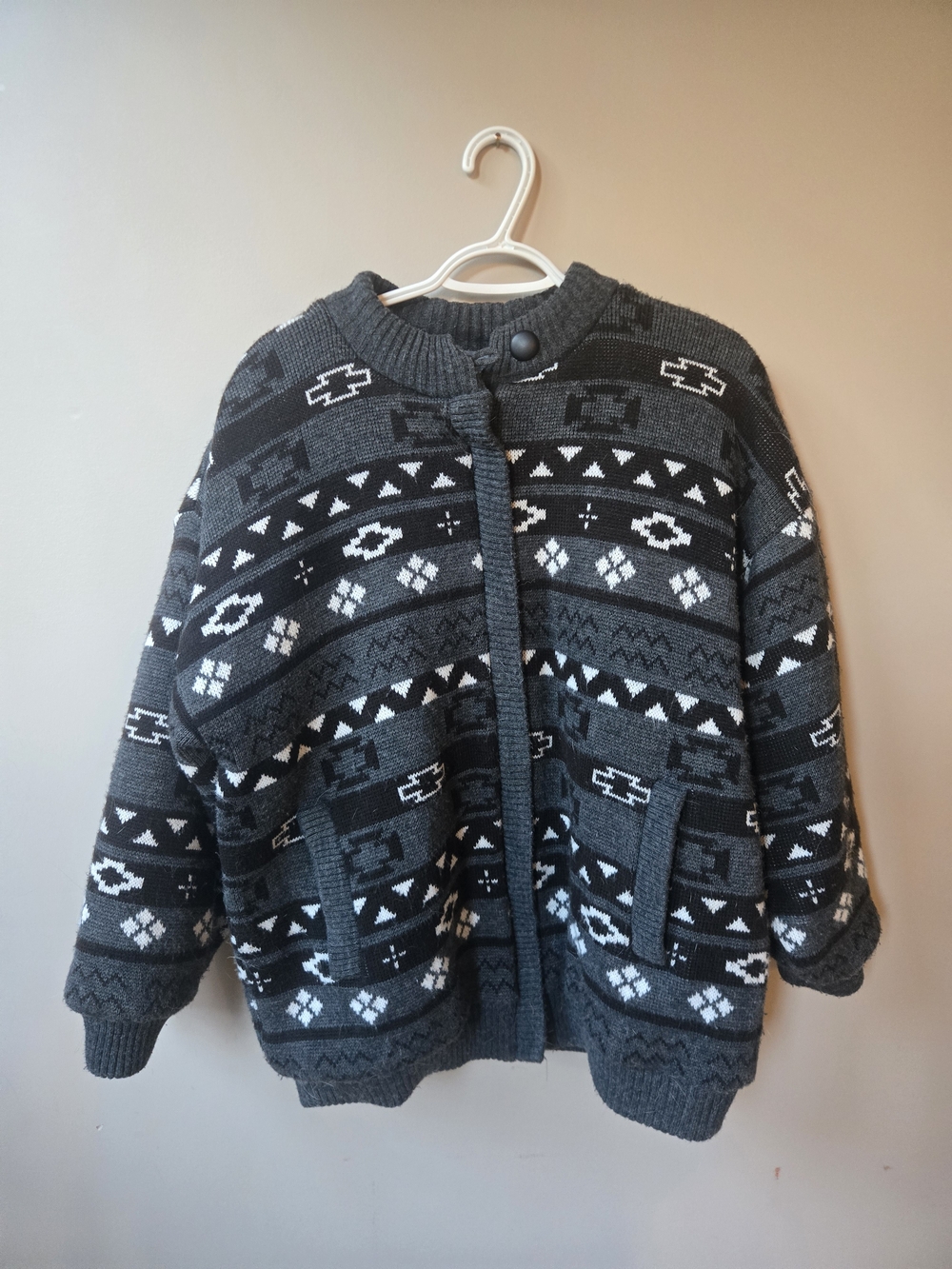 Vintage 90s Dewnorth Geometric Knit Sweater Jacket Quilted Lined Large